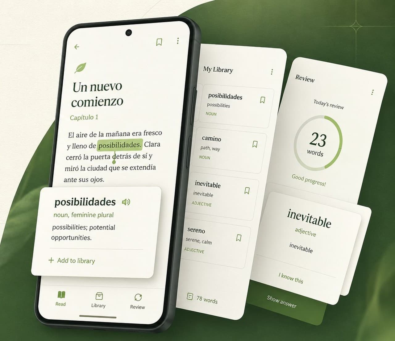 Verbatio app: reading a book, a tapped-word definition, and the review deck.